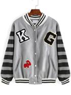 Romwe Striped Flocked Letter Patch Buttons Grey Jacket