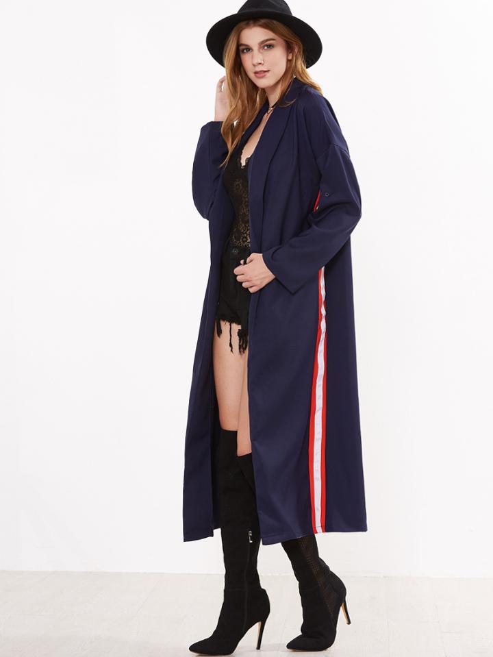 Romwe Navy Slit Back Shawl Collar Coat With Side Stripes