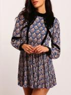 Romwe Mock Neck Contrast Print Studded Chiffon Pleated Dress