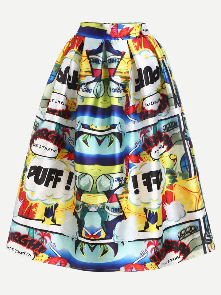 Romwe Multicolor Comic Print Box Pleated Midi Skirt