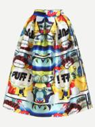 Romwe Multicolor Comic Print Box Pleated Midi Skirt