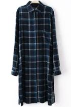 Romwe Navy Lapel Long Sleeve Plaid Shirt Dress