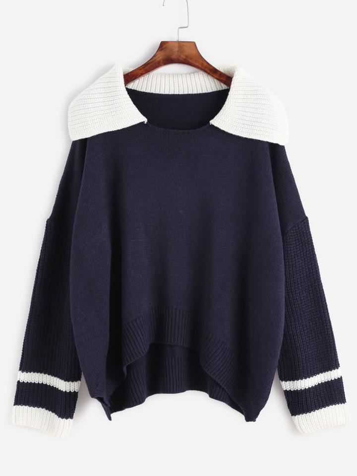 Romwe Navy Contrast Sailor Collar Drop Shoulder Dip Hem Sweater