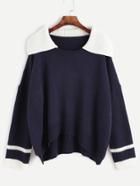Romwe Navy Contrast Sailor Collar Drop Shoulder Dip Hem Sweater