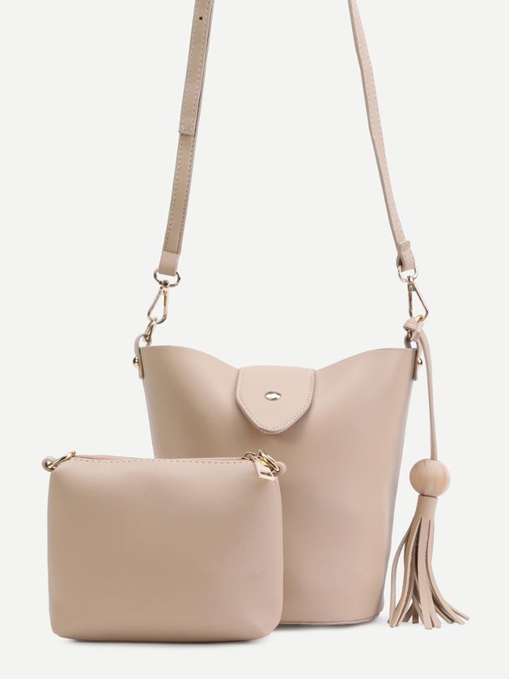 Romwe Khaki Pu Tassel Trim Convertible Shoulder Bag Set