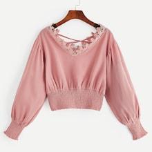 Romwe Bishop Sleeve Criss-cross Back Contrast Lace Blouse