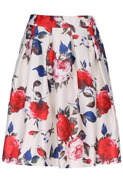 Romwe Rose Print High Waist White Skirt