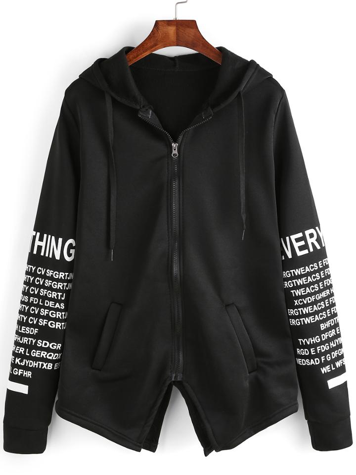 Romwe Hooded Zipper Letter Print Cut Out Sweatshirt