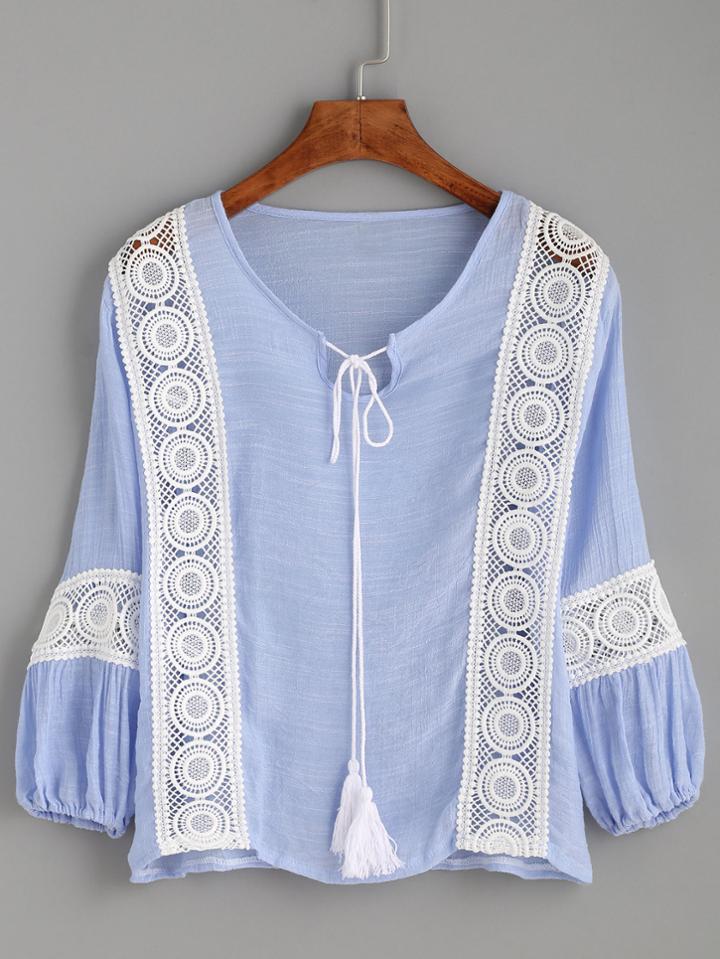 Romwe Blue Crochet Insert Tassel Tie Neck Blouse