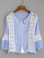 Romwe Blue Crochet Insert Tassel Tie Neck Blouse
