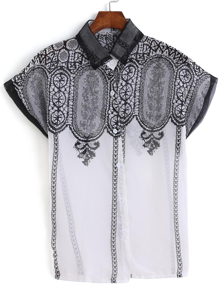 Romwe Lapel Lace Chiffon Blouse