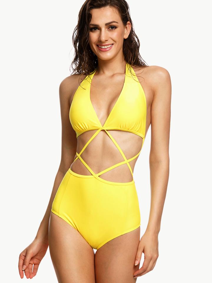 Romwe Yellow Halter Neck Caged One Piece Swimwear