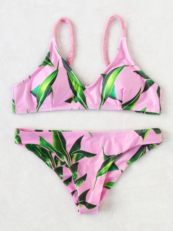 Romwe Pink Leaf Print Braided Detail Bikini Set