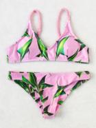 Romwe Pink Leaf Print Braided Detail Bikini Set