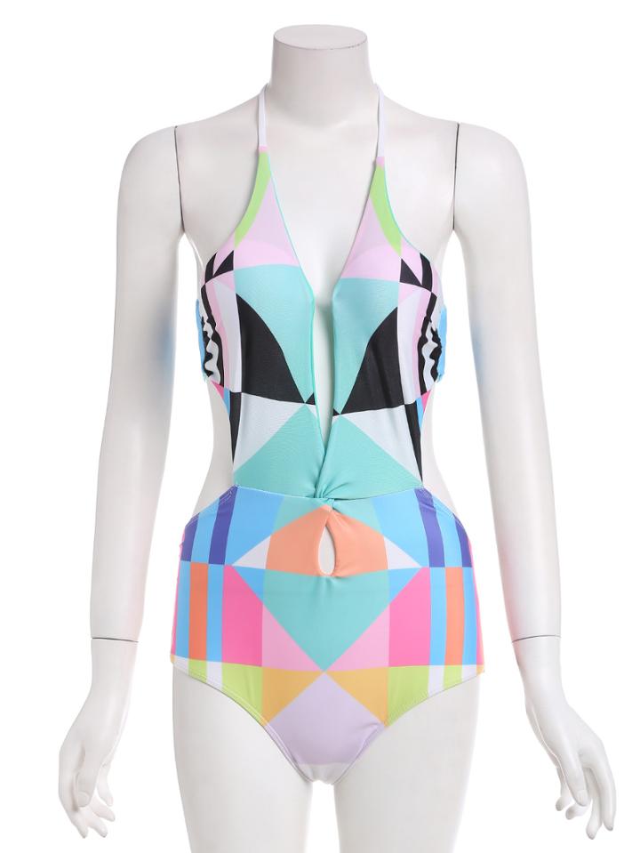 Romwe Slit Front Geometric Print One-piece Swimwear