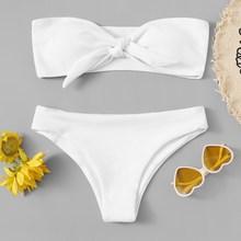 Romwe Ribbed Knot Front Bandeau Bikini Set