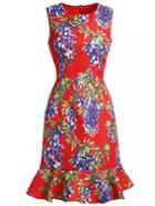 Romwe Red Round Neck Sleeveless Floral Print Ruffle Dress