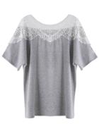 Romwe Heather Grey Contrast Lace Crochet T-shirt