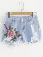 Romwe Embroidered Flower Applique Distressed Denim Shorts