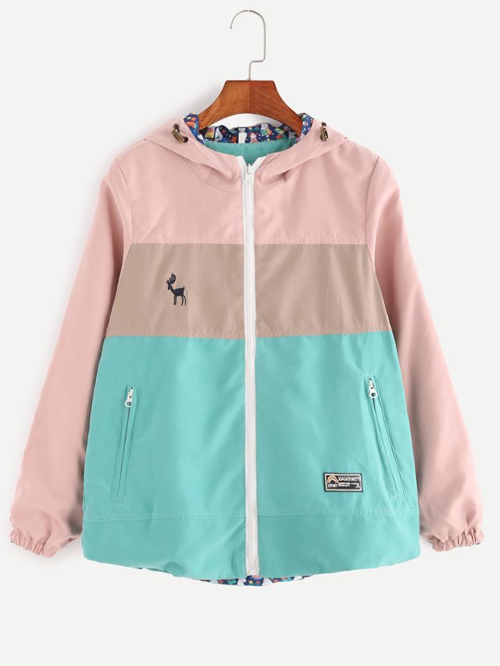 Romwe Color Block Embroidered And Patch Detail Hooded Coat