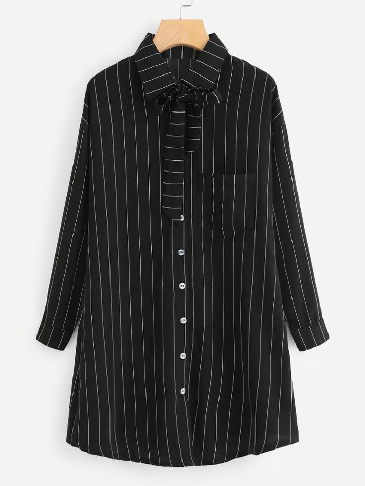 Romwe Striped Tie Neck Long Shirt