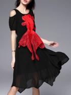 Romwe Black Backless Fish Embroidered Applique Asymmetric Dress