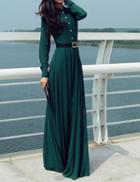 Romwe Green Long Sleeve Buttons Maxi Dress