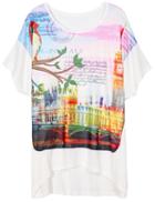 Romwe Dip Hem City Print Loose T-shirt