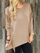 Romwe Long Sleeve Fringe Loose Khaki T-shirt