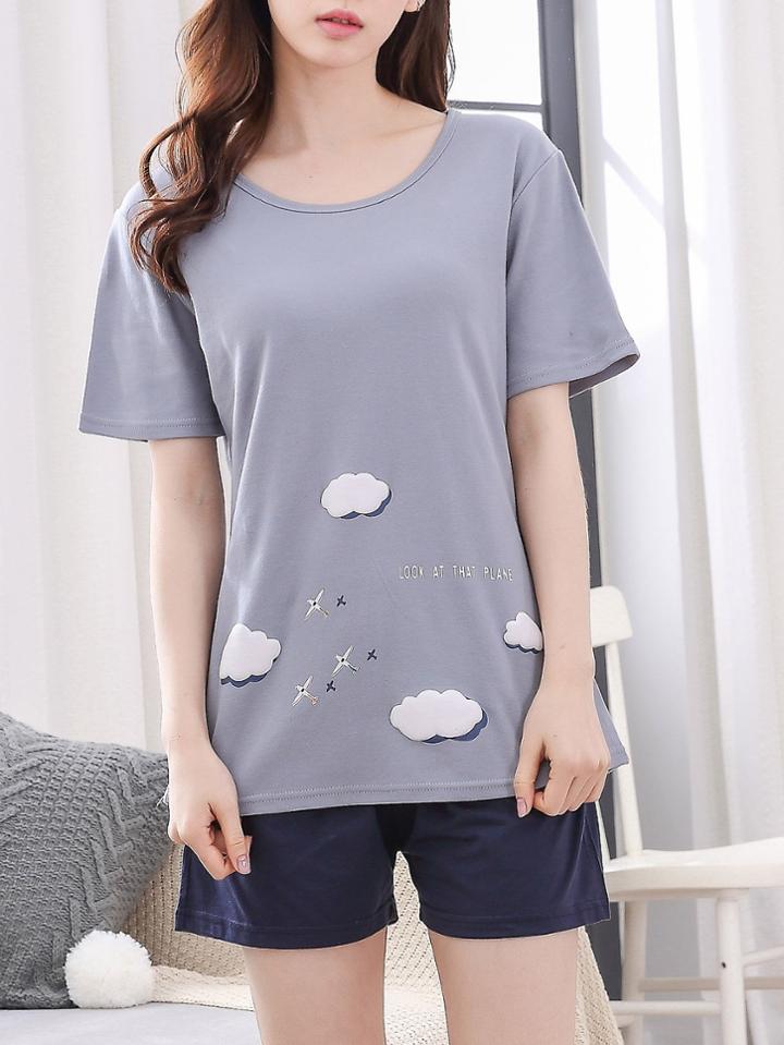 Romwe Cloud Print Tee & Shorts Pj Set