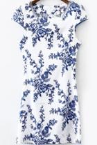 Romwe Square Neck Flower Print Blue Dress