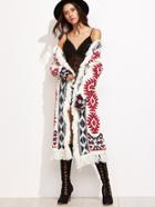 Romwe White Tribal Pattern Drop Shoulder Fringe Sweater Coat