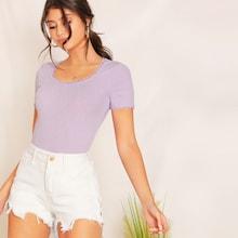 Romwe Lace Trim Slim Fitted Rib-knit Tee