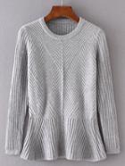 Romwe Grey Ruffle Hem Ribbed Sweater