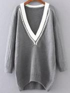 Romwe Grey Contrast V Neck High Low Sweater