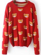 Romwe Bear Print Red Sweater