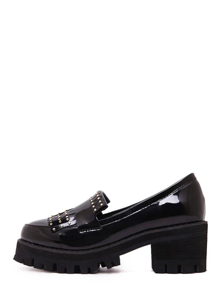 Romwe Black Round Toe Metal Decorated Chunky Platform Wedges
