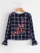 Romwe Flower Embroidery Fluted Sleeve Grid Blouse