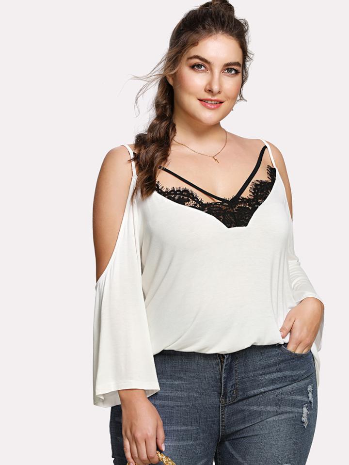 Romwe Contrast Eyelash Lace T-shirt