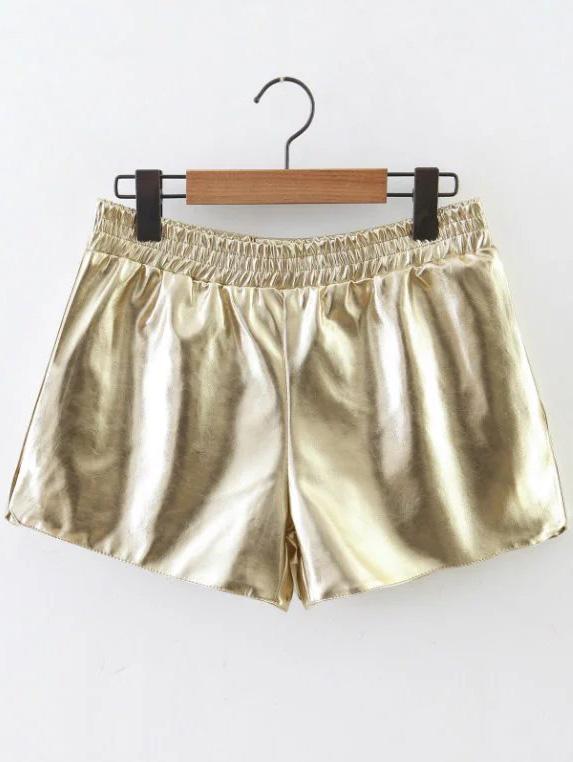 Romwe Gold Elastic Waist Pu Shorts