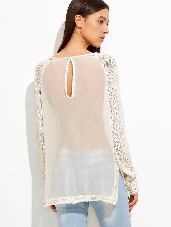 Romwe White Slit Side Mesh Keyhole Back Sweater