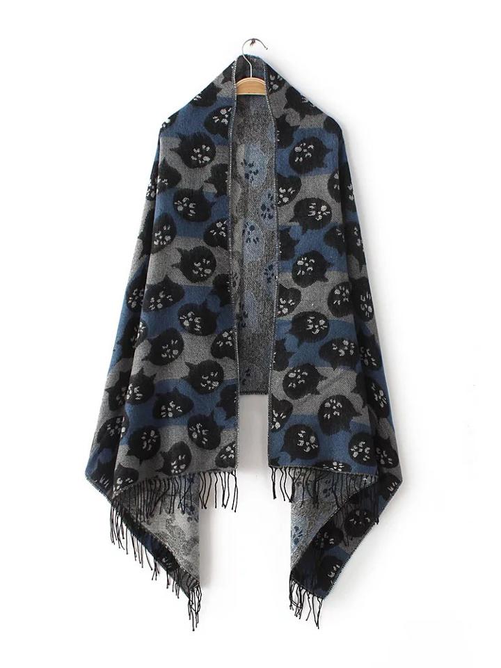 Romwe Blue Stripe Kitty Head Jacquard Fringe Shawl Scarf