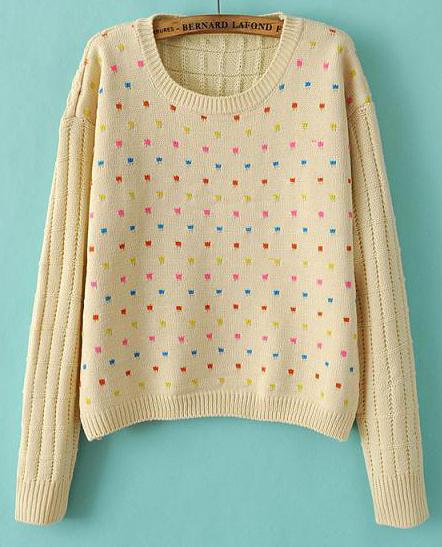 Romwe Polka Dot Crop Knit Beige Sweater