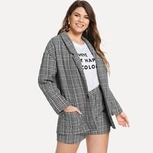 Romwe Plus Glen Plaid Notched Neck Blazer With Shorts