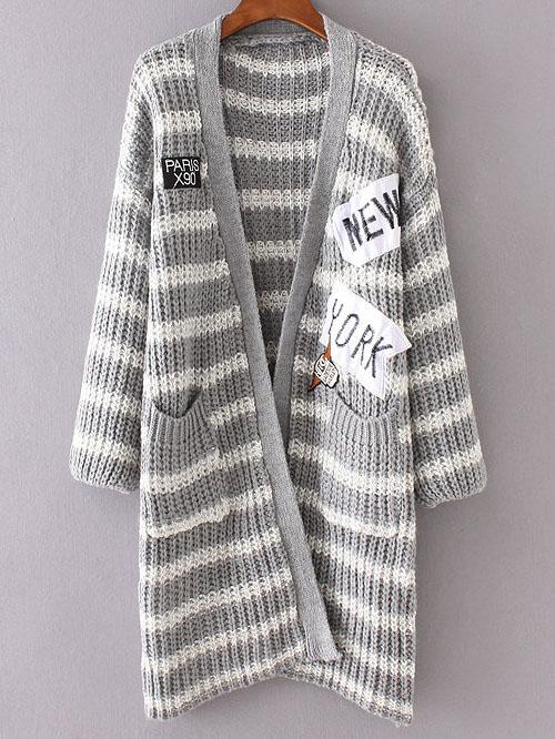 Romwe Grey Striped Embroidered Patch Pocket Long Sweater Coat