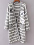 Romwe Grey Striped Embroidered Patch Pocket Long Sweater Coat
