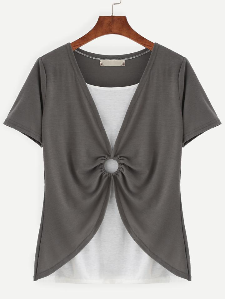 Romwe Grey 2 In 1 Contrast Ring Accent T-shirt