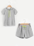 Romwe Raglan Sleeve Kangaroo Pocket Hoodie With Track Shorts
