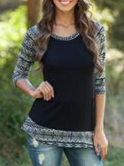 Romwe Hooded Contrast Cuff Black T-shirt