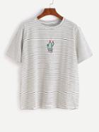 Romwe White Pinstripes Potted Embroidered T-shirt